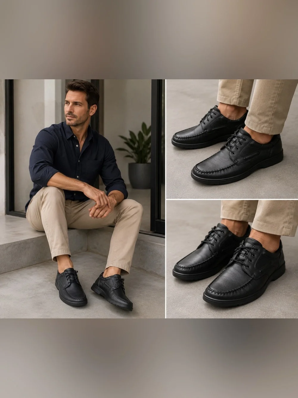 Ecco Men's Black Leather Boat Shoes with Moc Toe Lace-Up